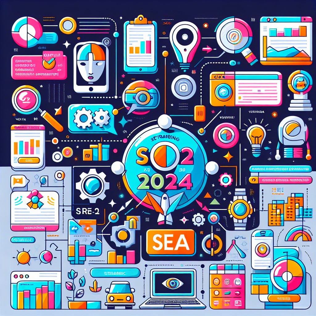 Infographie colorée illustrant les différentes stratégies de SEO pour 2024, incluant l'intelligence artificielle et l'optimisation vocale.