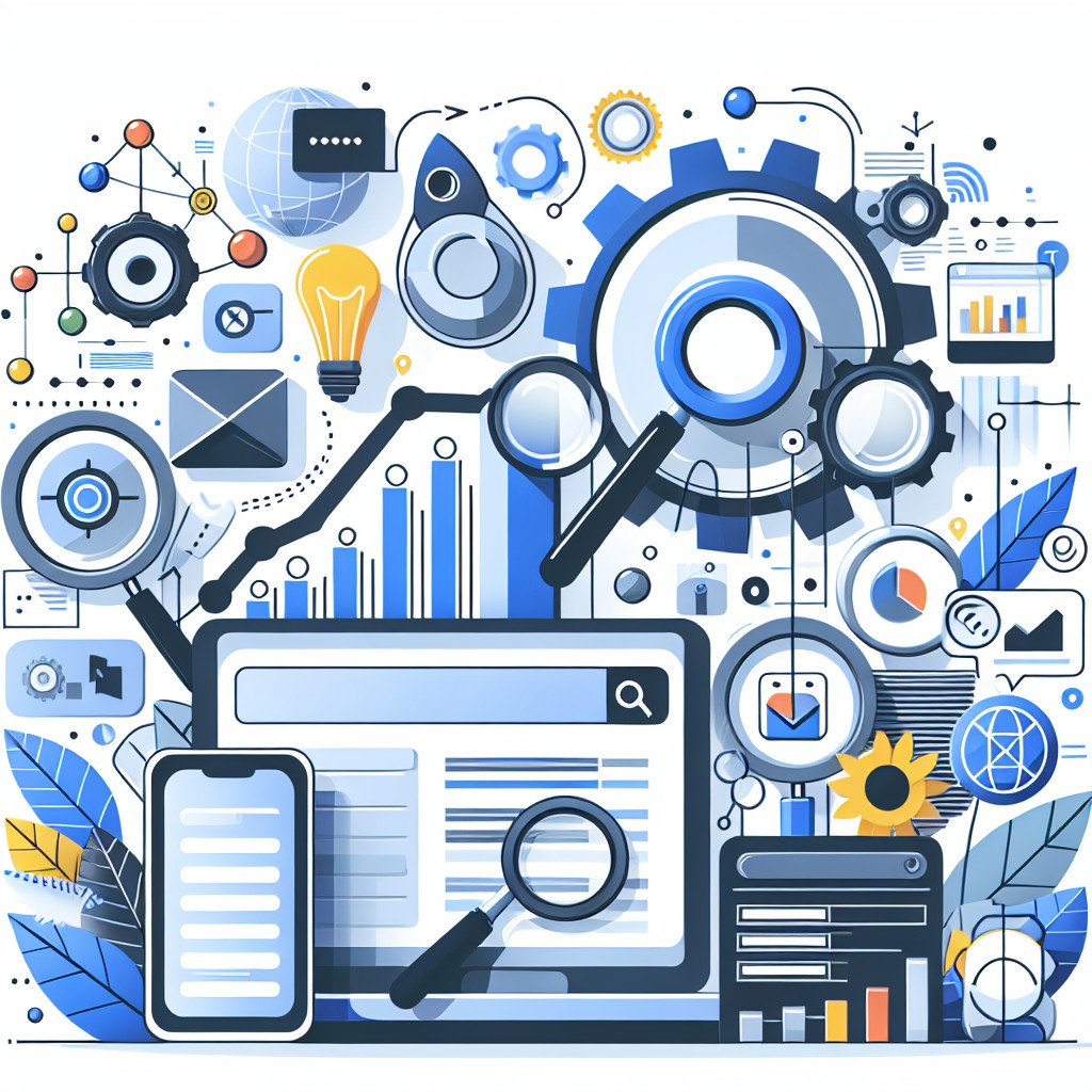 Une illustration moderne représentant le SEO avec des éléments tels que des graphiques de trafic, des mots-clés, et des icônes de recherche.