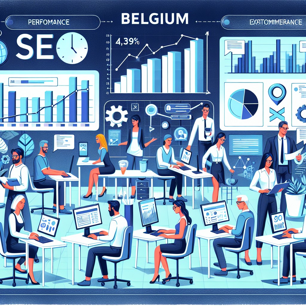 Illustration montrant une PME en Belgique bénéficiant de techniques SEO, avec des graphiques de performance et des outils SEO en arrière-plan.