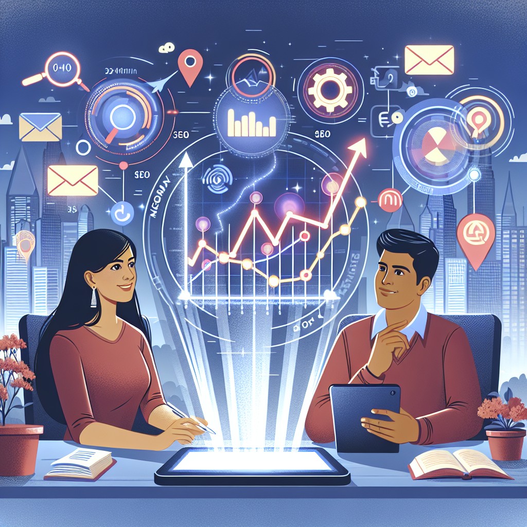 Une illustration moderne représentant la transformation digitale des petites et moyennes entreprises grâce au marketing numérique.