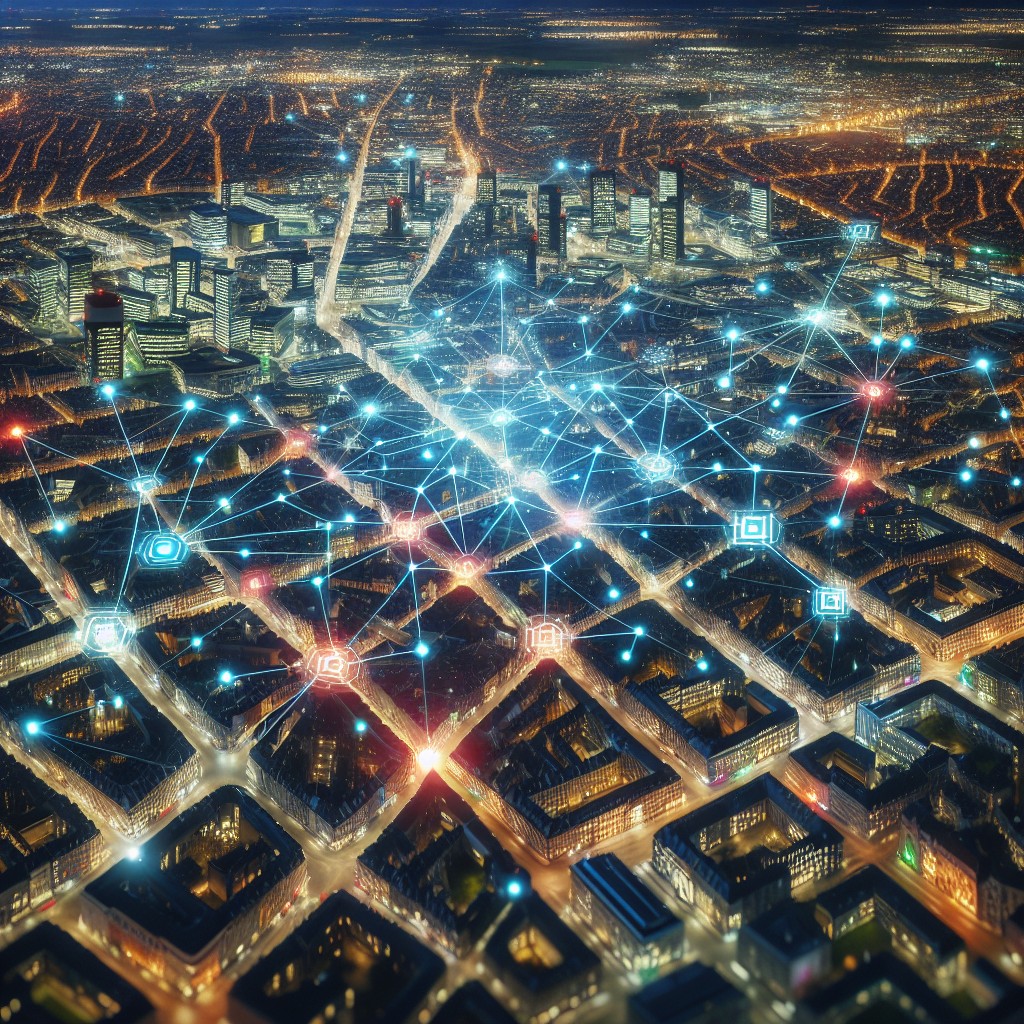 Vue aérienne d'un centre-ville belge illuminé la nuit, symbolisant la connectivité numérique.