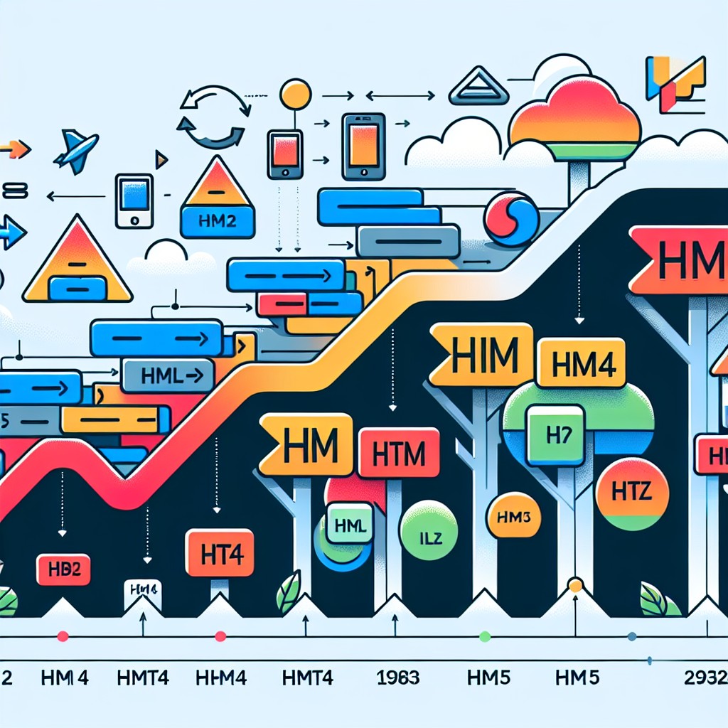 Une illustration graphique montrant l'évolution des balises HTML au fil du temps, de HTML4 à HTML5, avec des exemples de balises modernes.