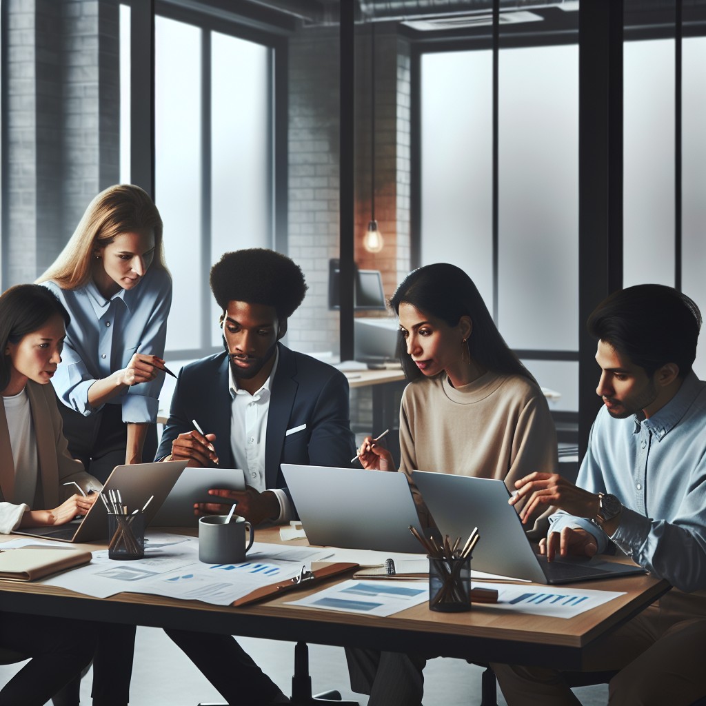 Une équipe de professionnels travaillant ensemble dans un bureau moderne, illustrant la collaboration et la productivité.