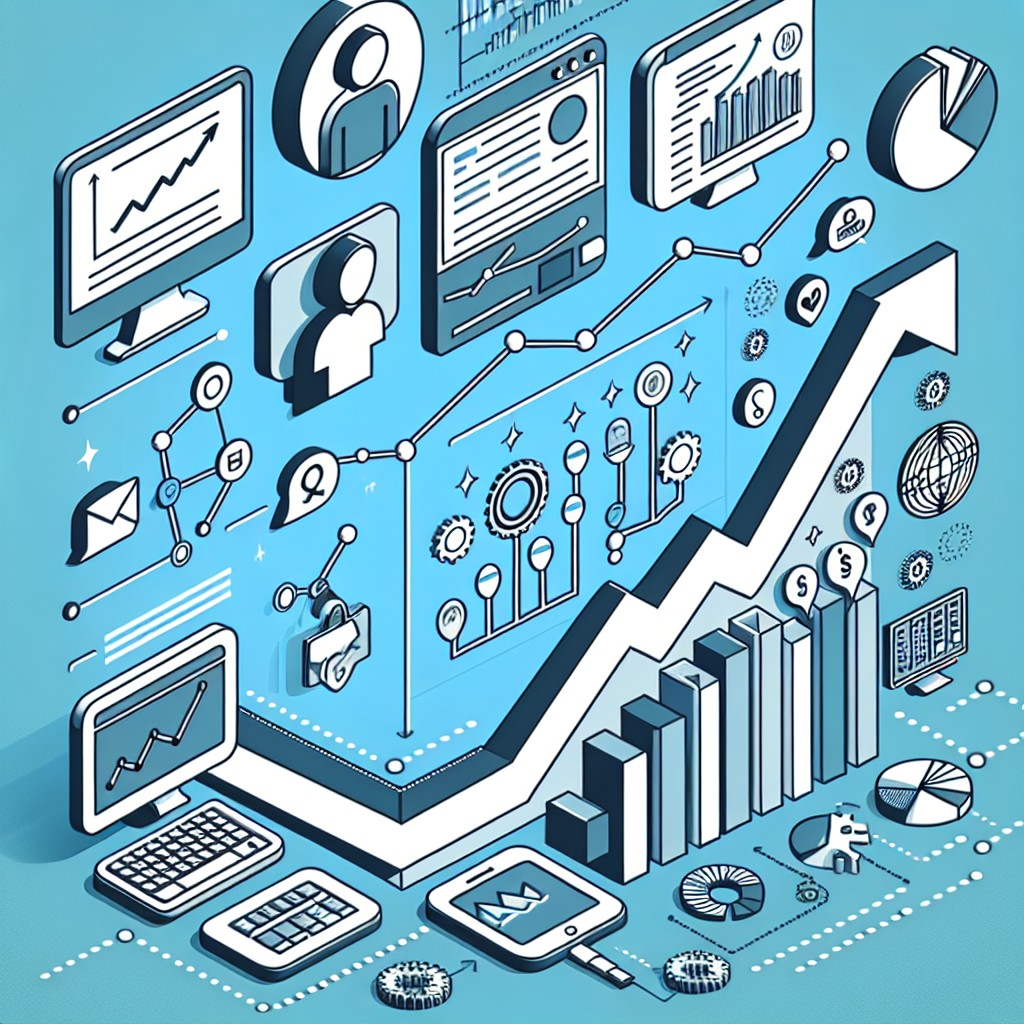 Illustration de la croissance d'une entreprise grâce à une présence digitale solide, avec divers éléments comme un site web, le marketing sur réseaux sociaux et des analyses de données.