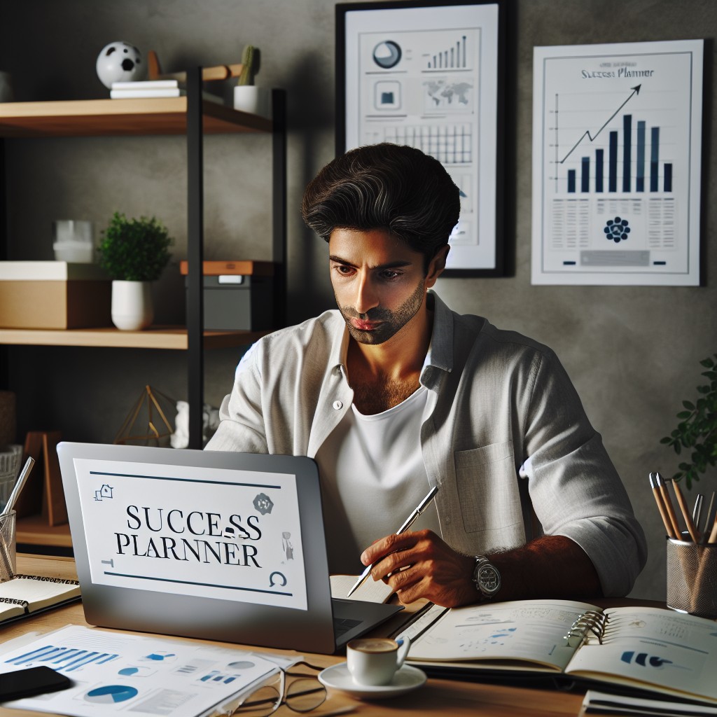 Un entrepreneur concentré travaillant sur un ordinateur portable avec le Succès Planner ouvert à l'écran, entouré d'éléments de bureau modernes.