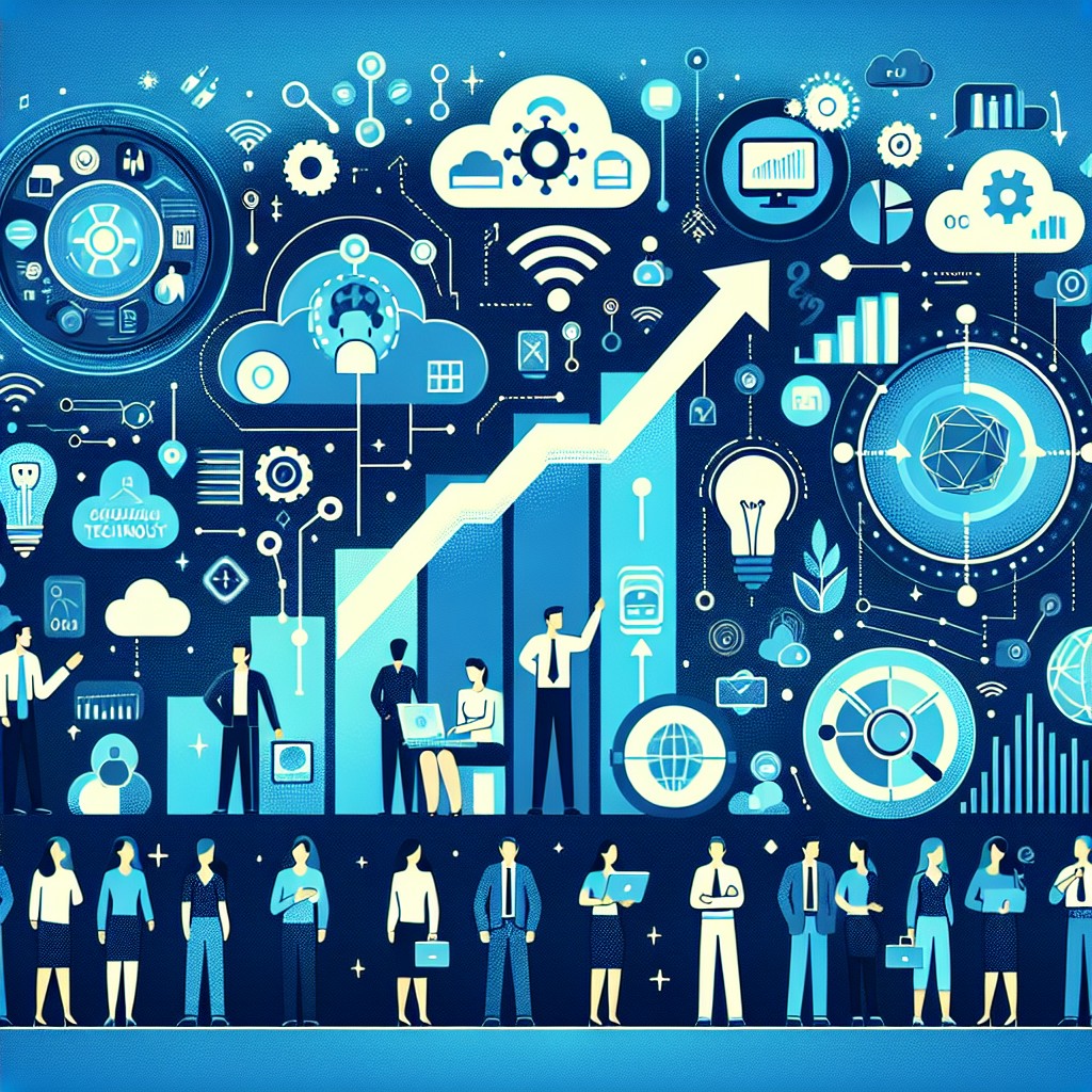 Illustration montrant la digitalisation des entreprises en 2024 avec des icônes de technologies modernes et des graphiques de croissance.