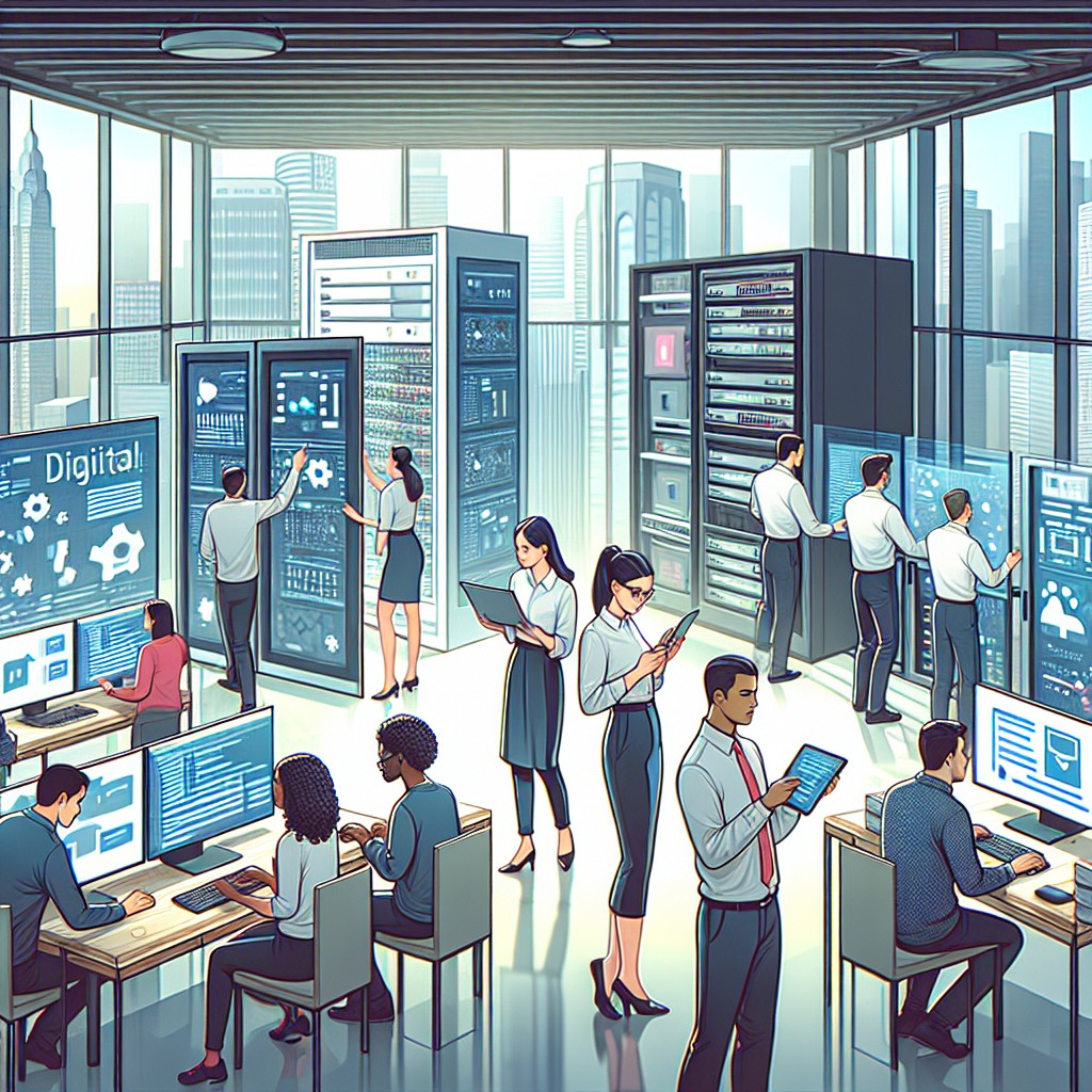 Illustration d'une équipe digitale en action, travaillant avec des outils technologiques modernes.