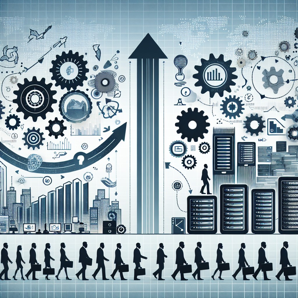 Une illustration symbolisant la transformation digitale d'une entreprise, montrant des graphiques de croissance et des icônes technologiques.