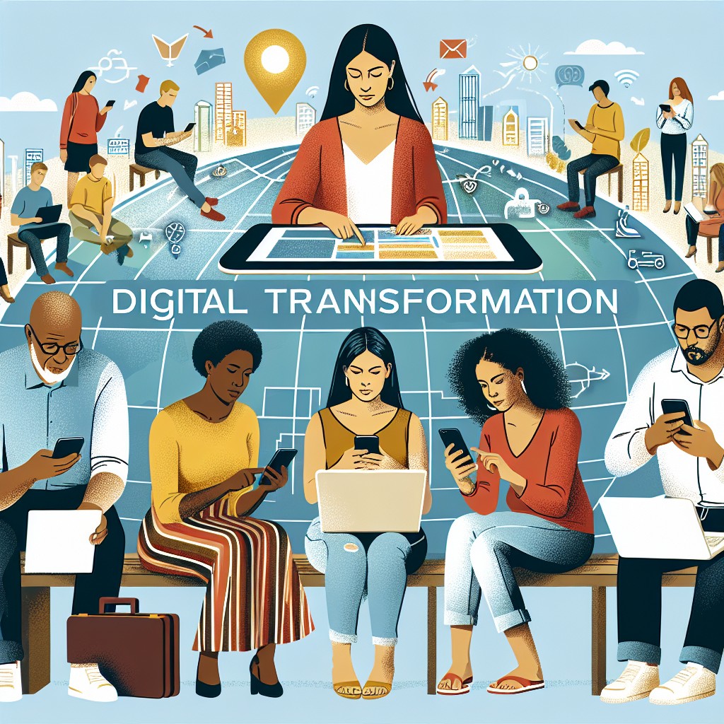 Image de couverture illustrant la transformation numérique dans une communauté locale, avec des éléments comme des smartphones, des ordinateurs portables et une carte géographique.