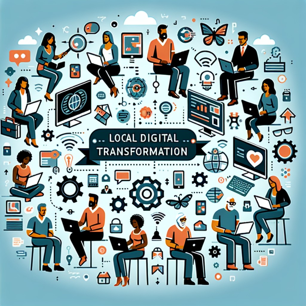 Illustration représentant PME locales se transformant numériquement avec des ordinateurs et des icônes de technologies