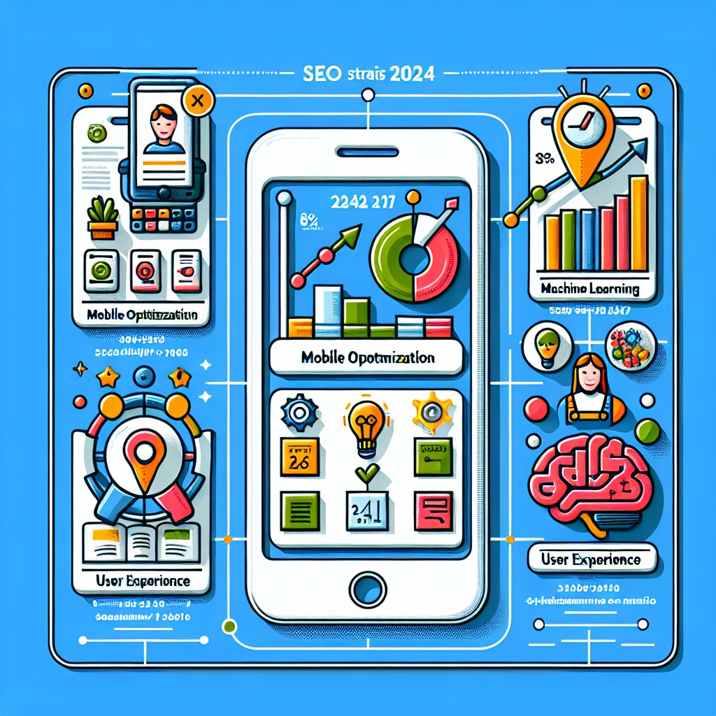 Une infographie représentant les différentes stratégies SEO clés pour 2024, y compris l'optimisation mobile, le machine learning et l'expérience utilisateur.