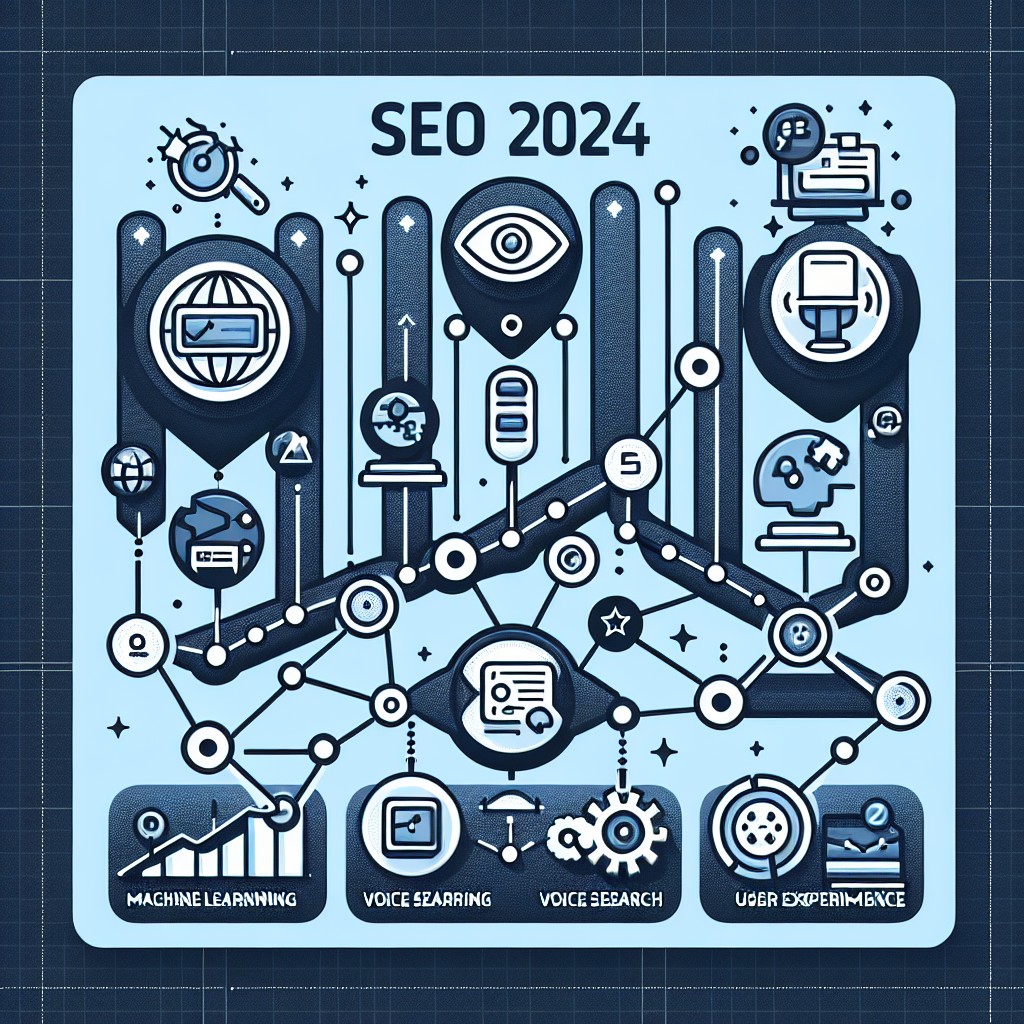 Graphique affichant les tendances SEO de 2024 avec des icônes de machine learning, recherche vocale, et expérience utilisateur.