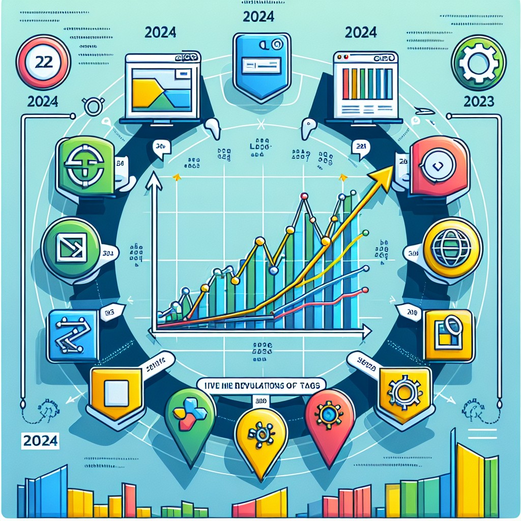 Graphique illustrant la révolution des balises HTML et leur impact sur le SEO en 2024, mettant en avant des icônes de balises HTML.