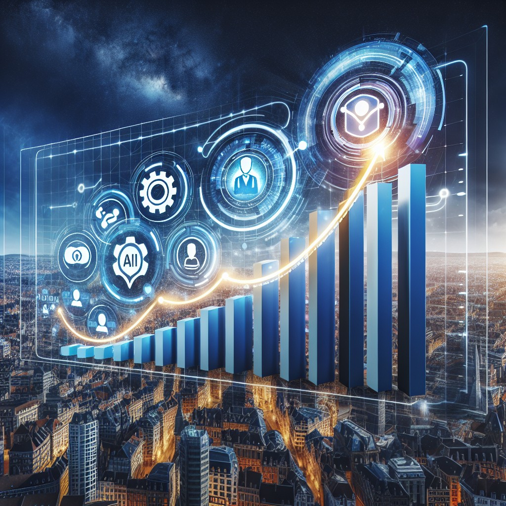 Graphique dynamique illustrant l'évolution du CRM avec technologies innovantes, figurant des interfaces utilisateur et des données en mouvement symbolisant l'intégration IA dans les entreprises belges.