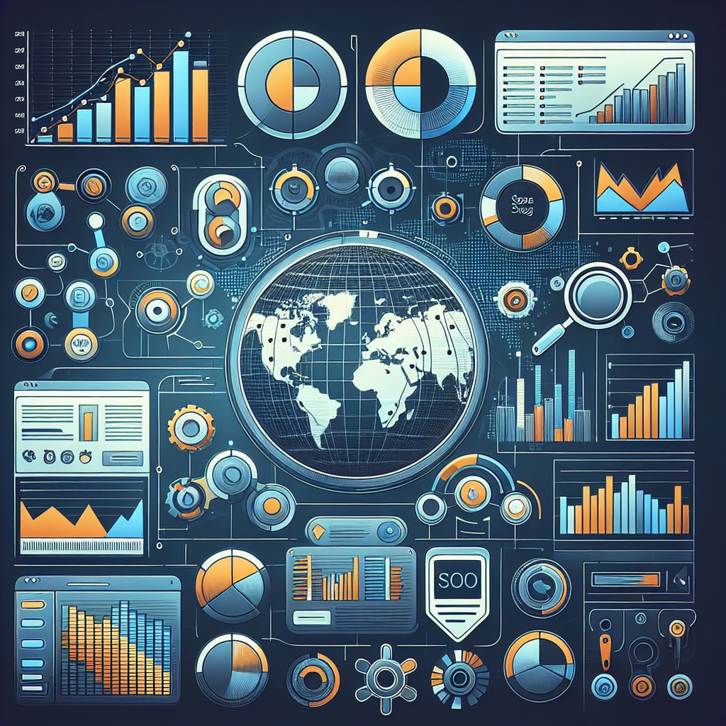 Illustration montrant divers outils de SEO et des graphiques de recherche, reflétant les tendances et l'analyse de mots-clés.