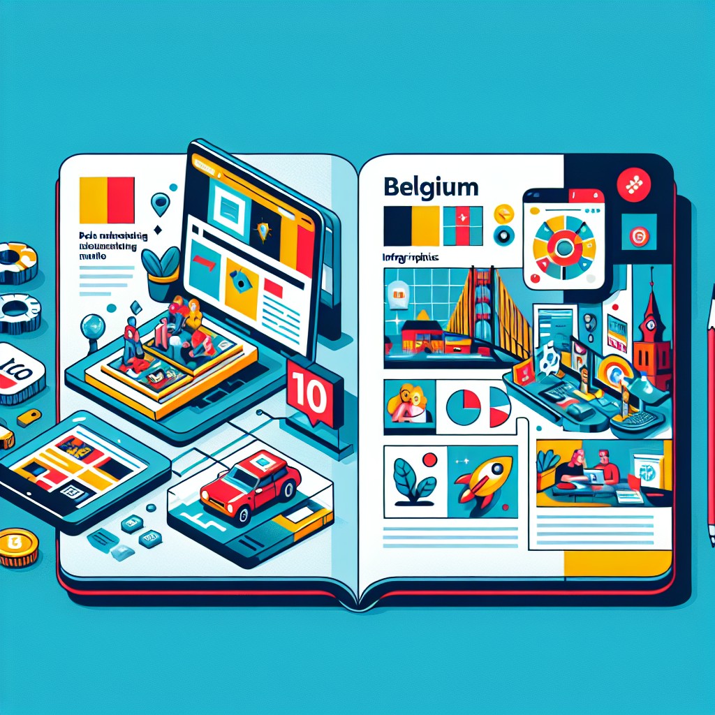 Couverture illustrant divers types de contenu marketing en Belgique, incluant des blogs, infographies et vidéos.