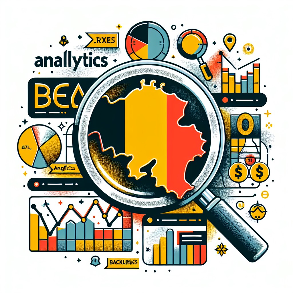 Image de couverture montrant une carte de la Belgique entourée de symboles SEO, comme des loupe, des graphiques et des mots-clés.