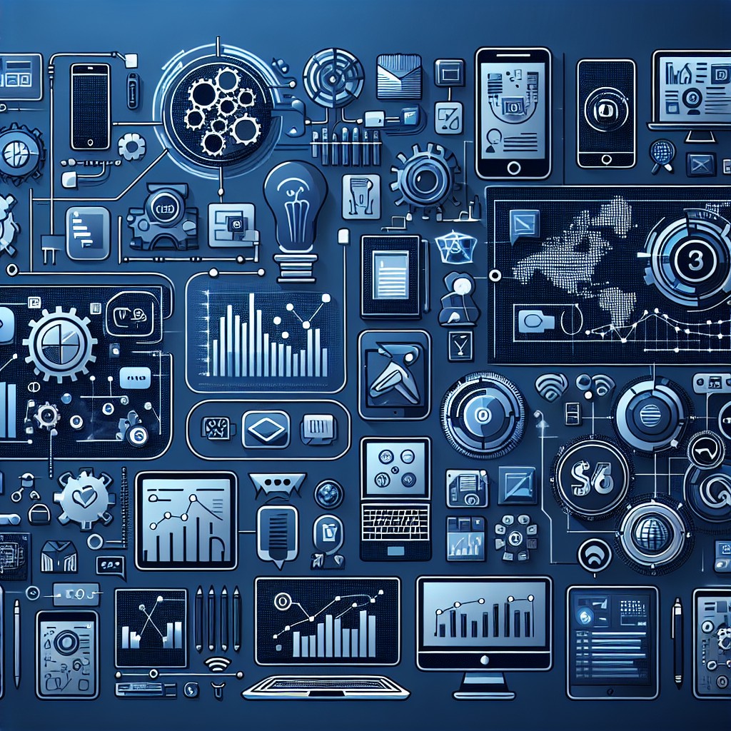 Image représentant l'impact de la technologie numérique sur le marketing moderne avec des icônes technologiques et graphiques d'analyse.