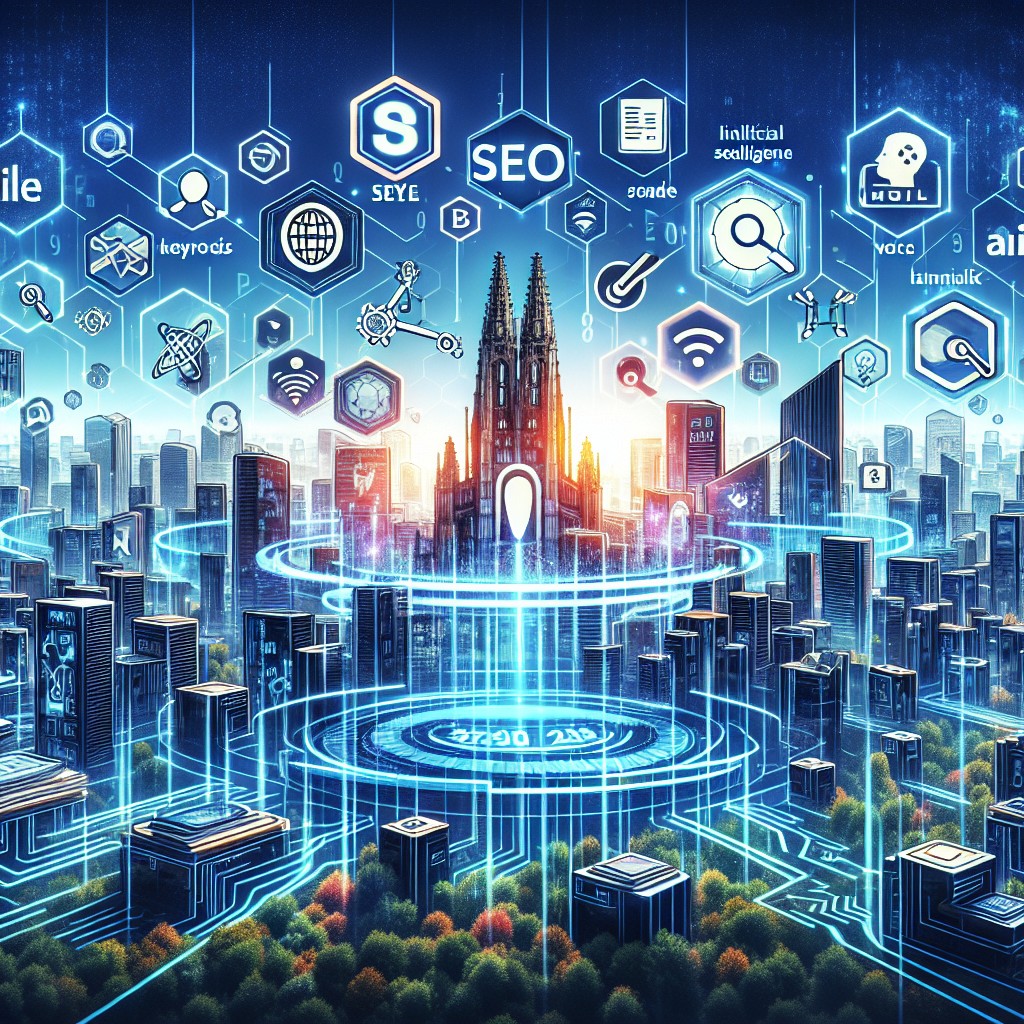 Paysage numérique de la Belgique illustrant les tendances SEO de 2024 avec des éléments tels que l'IA, la recherche vocale, et la diversité linguistique.