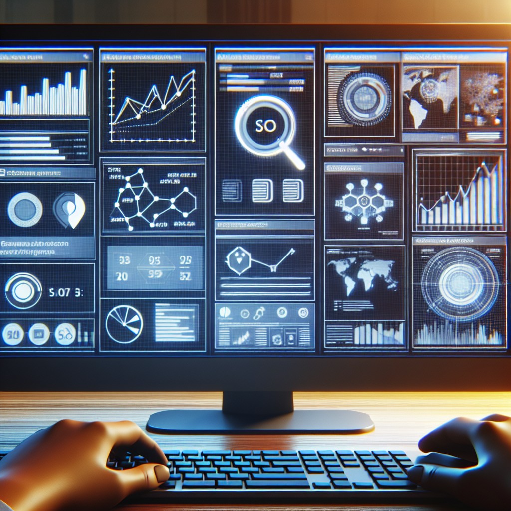 Illustration d'une analyse SEO sur un écran d'ordinateur avec des graphiques et des données.