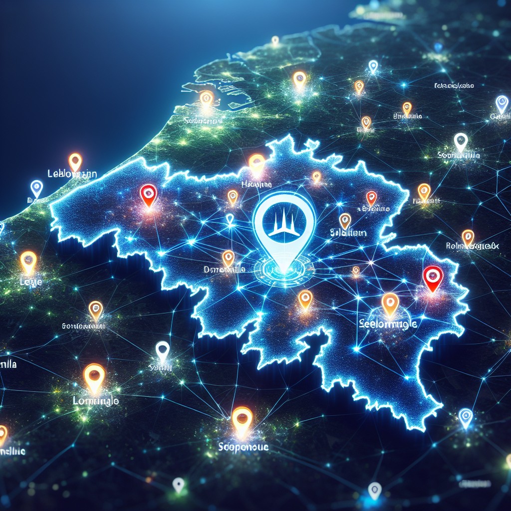 Carte de la Belgique illuminée par des points symbolisant l'optimisation du SEO local dans différentes villes