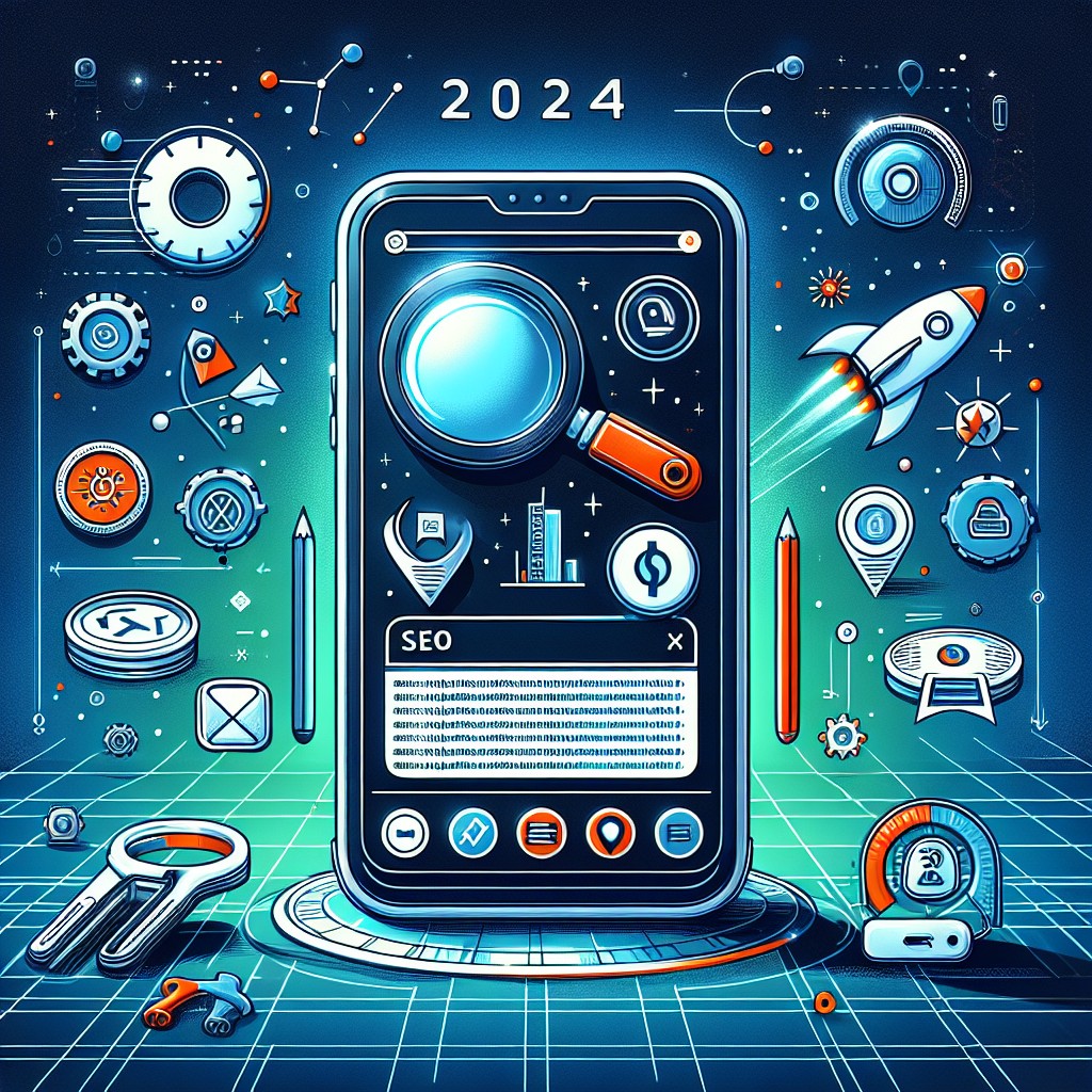 Illustration showing a mobile phone with SEO-related icons, emphasizing the rise of mobile search in 2024.