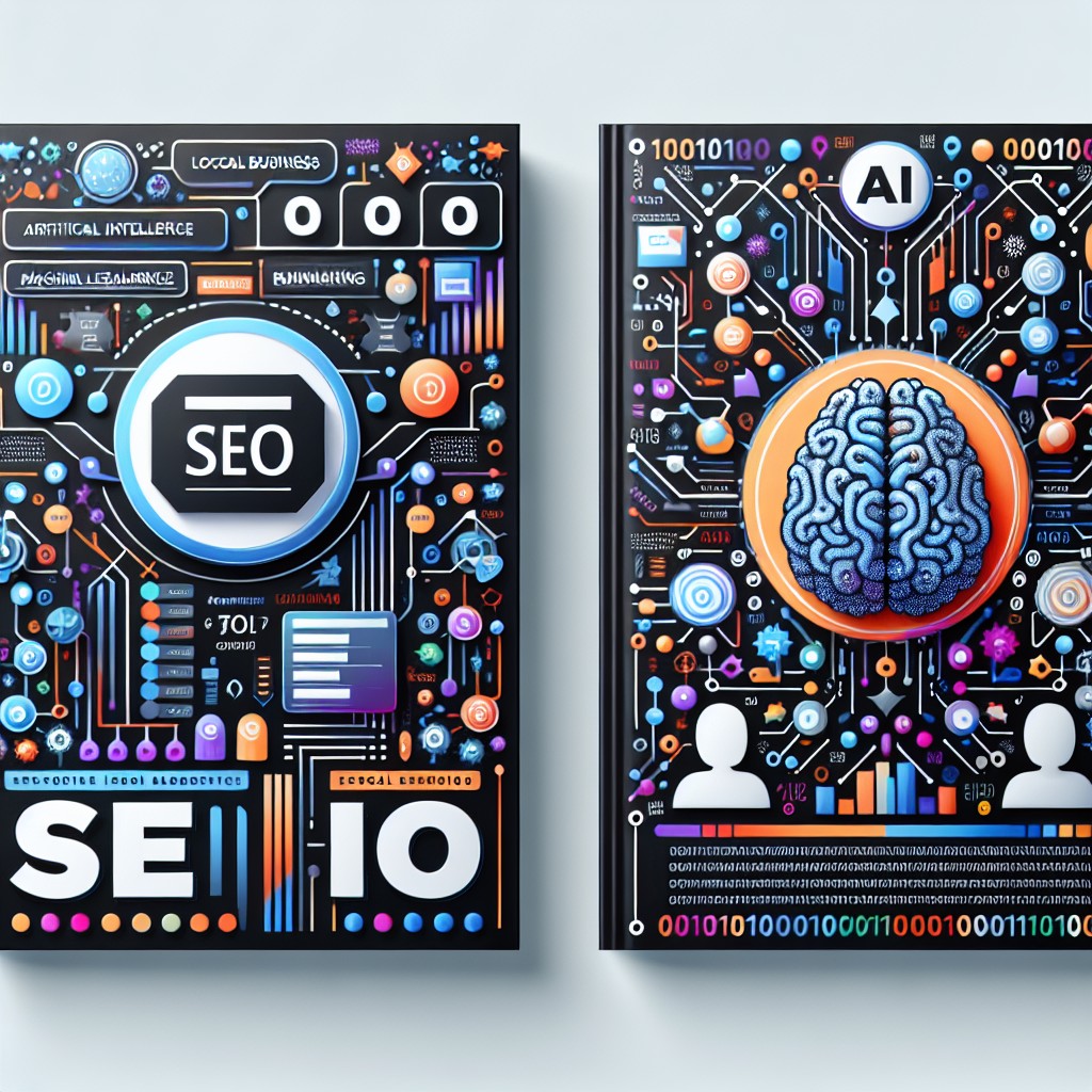 Couverture représentant une entreprise locale avec des graphismes de SEO et d'intelligence artificielle.