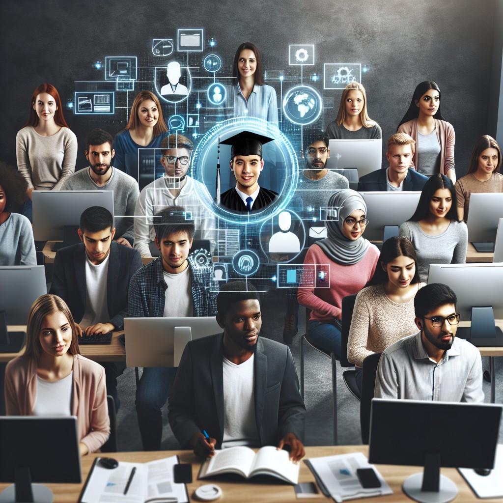 Des étudiants participant à une formation digitale, entourés de matériel technologique moderne, illustrant l'importance de l'éducation numérique.