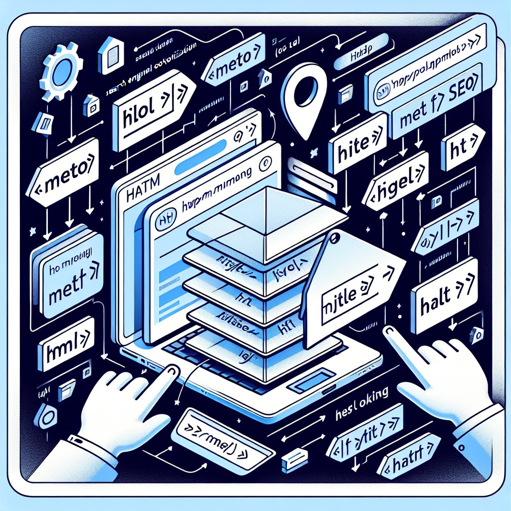 Illustration montrant différentes balises HTML utilisées pour l'optimisation SEO d'un site web.