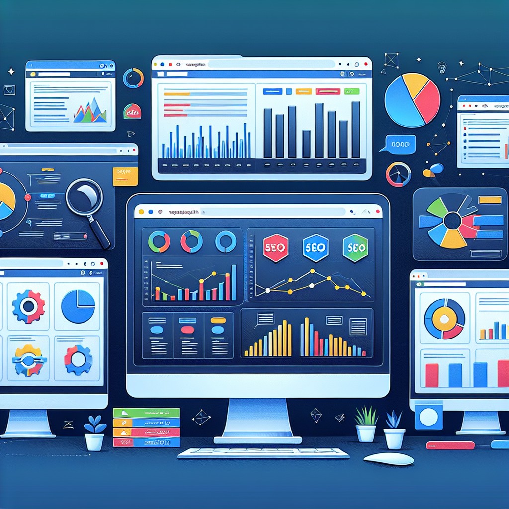 Illustration montrant des graphiques d'analytique SEO et des interfaces d'outils de référencement.