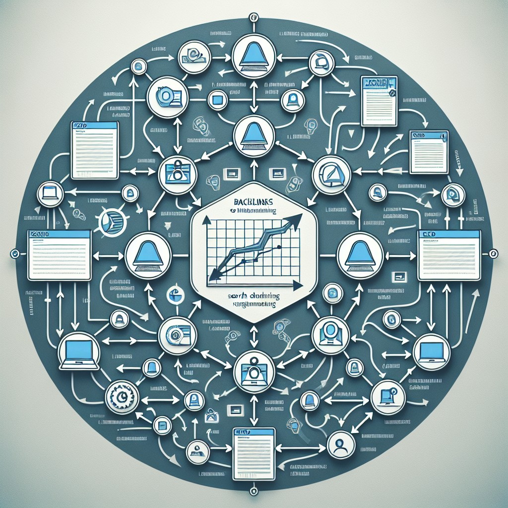 Un graphique illustrant l'importance des backlinks pour le SEO, avec des flèches montrant des sites web interconnectés pour améliorer le classement dans les moteurs de recherche.