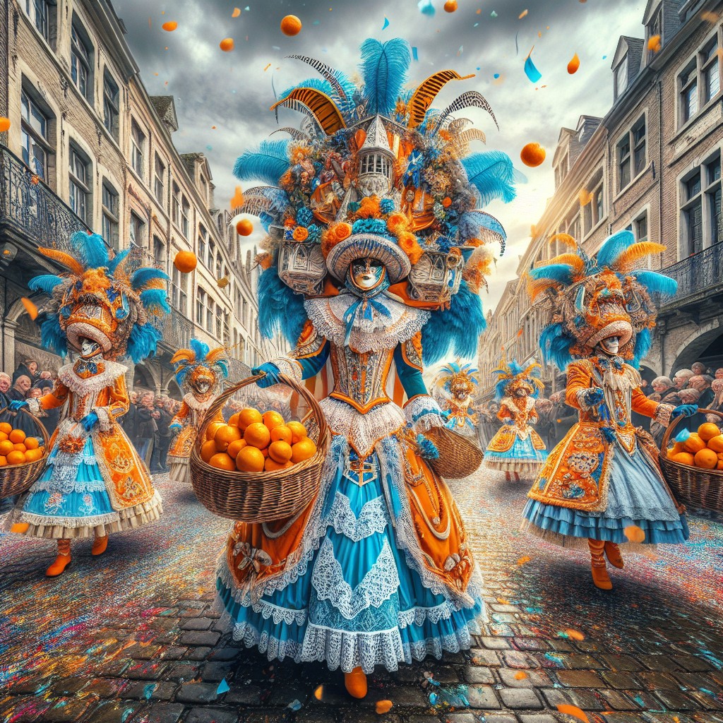 Une image dynamique du Carnaval de Binche avec les 'Gilles' en costumes colorés.