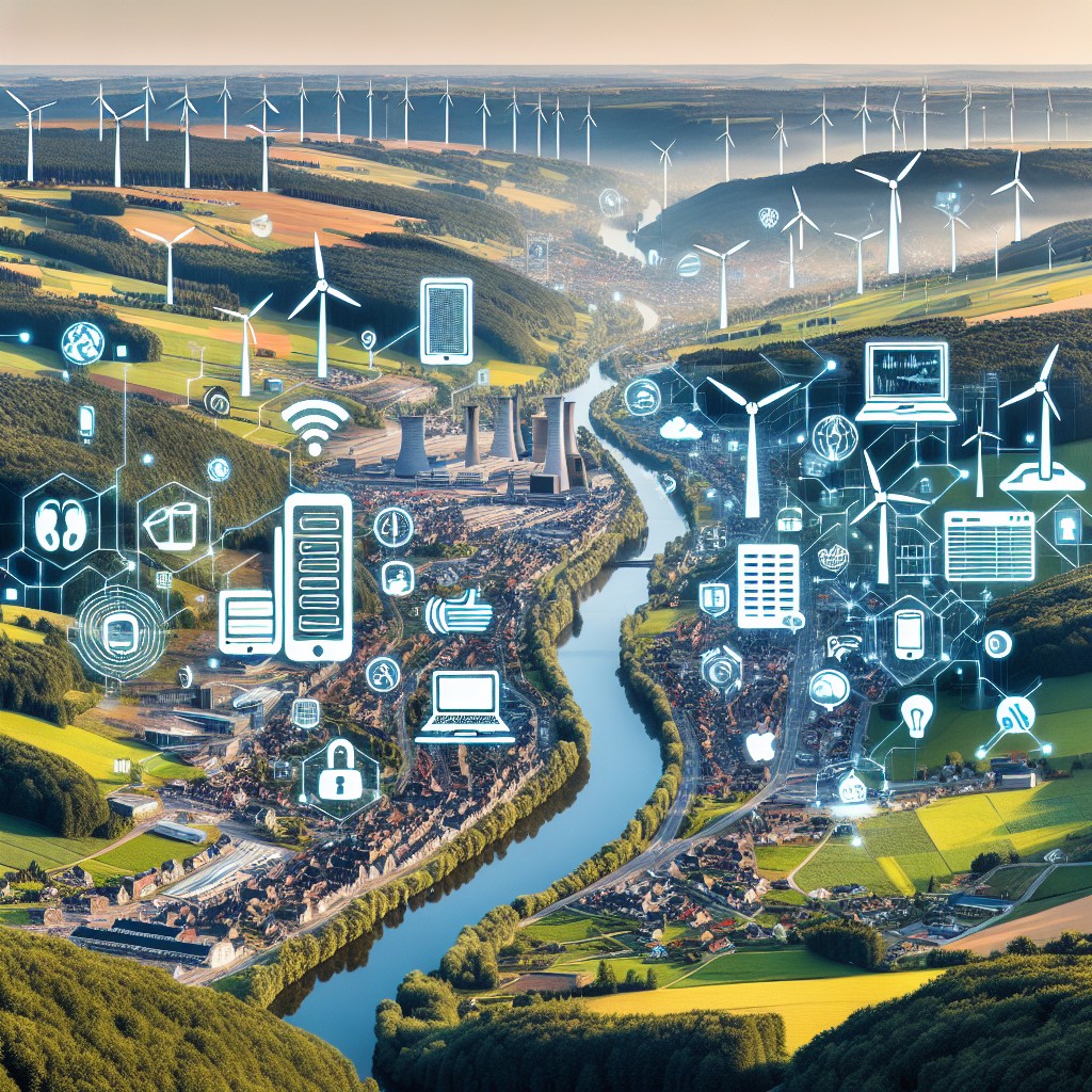 Vue aérienne de la Wallonie avec des icônes de tech et d'innovation