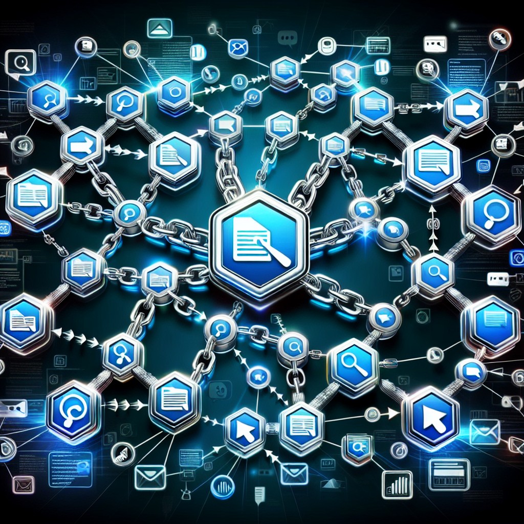 Illustration représentant une chaîne de backlinks reliant plusieurs sites web, soulignant l'importance des liens retour pour le SEO.