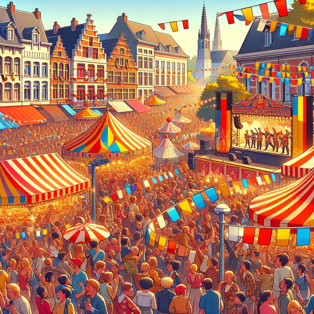 Une vue animée des Fêtes de Wallonie à Charleroi avec des foules joyeuses, stands colorés et des artistes sur scène.