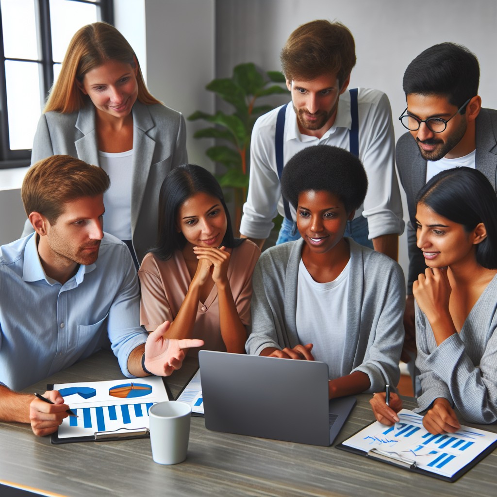 Des entrepreneurs analysant des graphiques SEO sur un ordinateur portable dans un bureau moderne.