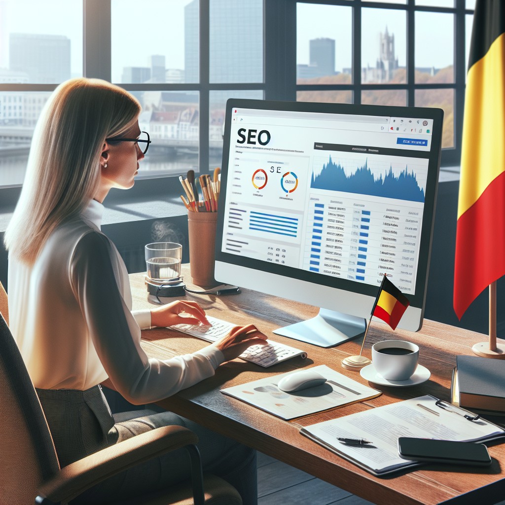 Une PME belge effectuant un audit SEO sur son site web à l'aide d'un ordinateur