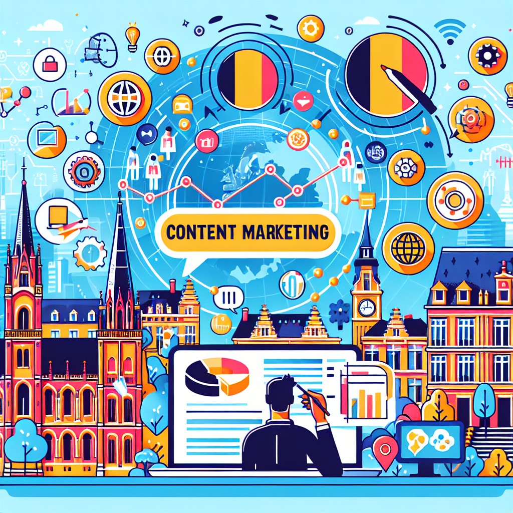 Couverture illustrant le marketing de contenu en Belgique, intégrant des éléments de stratégie digitale et des icônes des principaux outils mentionnés.