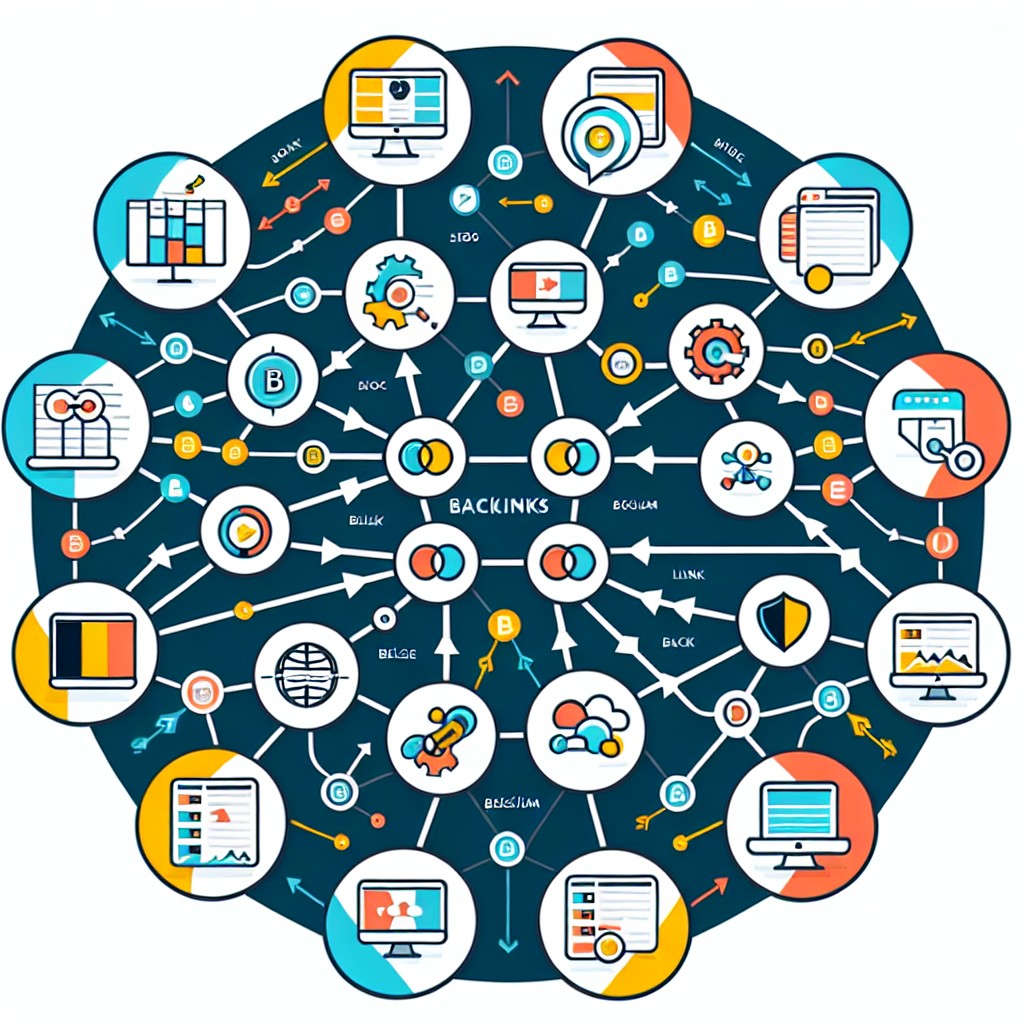 Un schéma illustrant l'importance des backlinks sur le référencement SEO en Belgique, montrant des liens entre différents sites web.