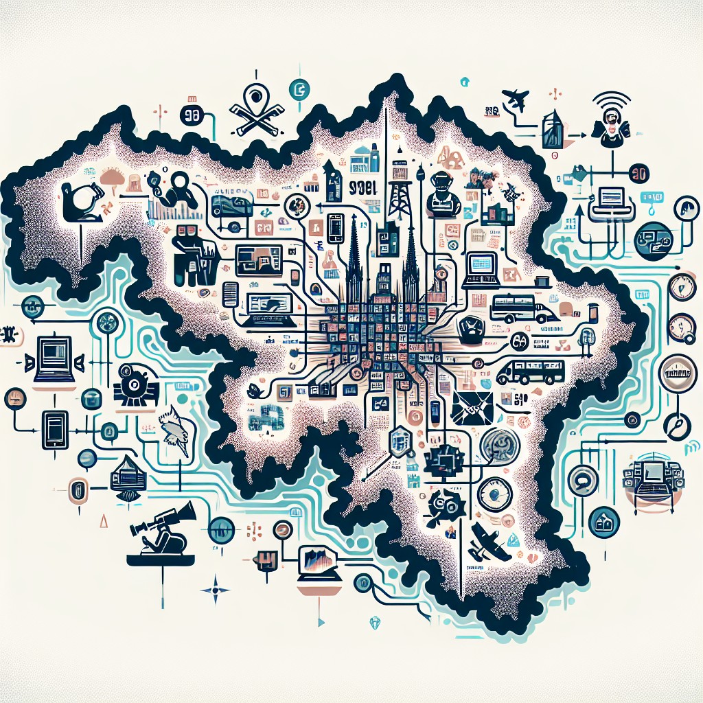 Une carte graphique de Wallonie illustrant son évolution technologique et numérique.