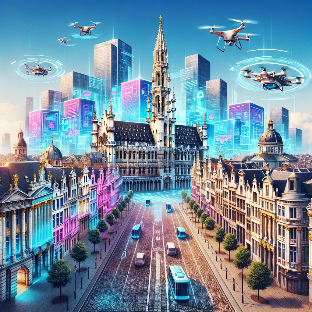 Un vibant panorama de Bruxelles avec des éléments technologiques intégrés, illustrant la fusion entre patrimoine historique et innovation digitale.