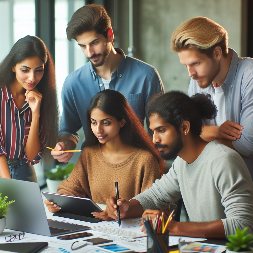 Un groupe diversifié de professionnels du numérique travaillant ensemble sur des concepts de marketing et de design web.