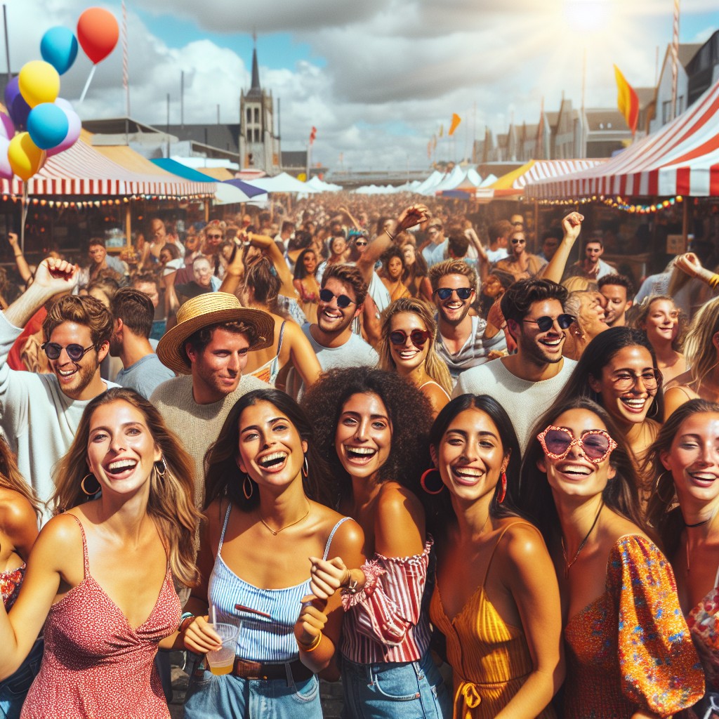 Scène vibrant des festivals d'été en Wallonie, avec foule joyeuse sous un ciel ensoleillé.