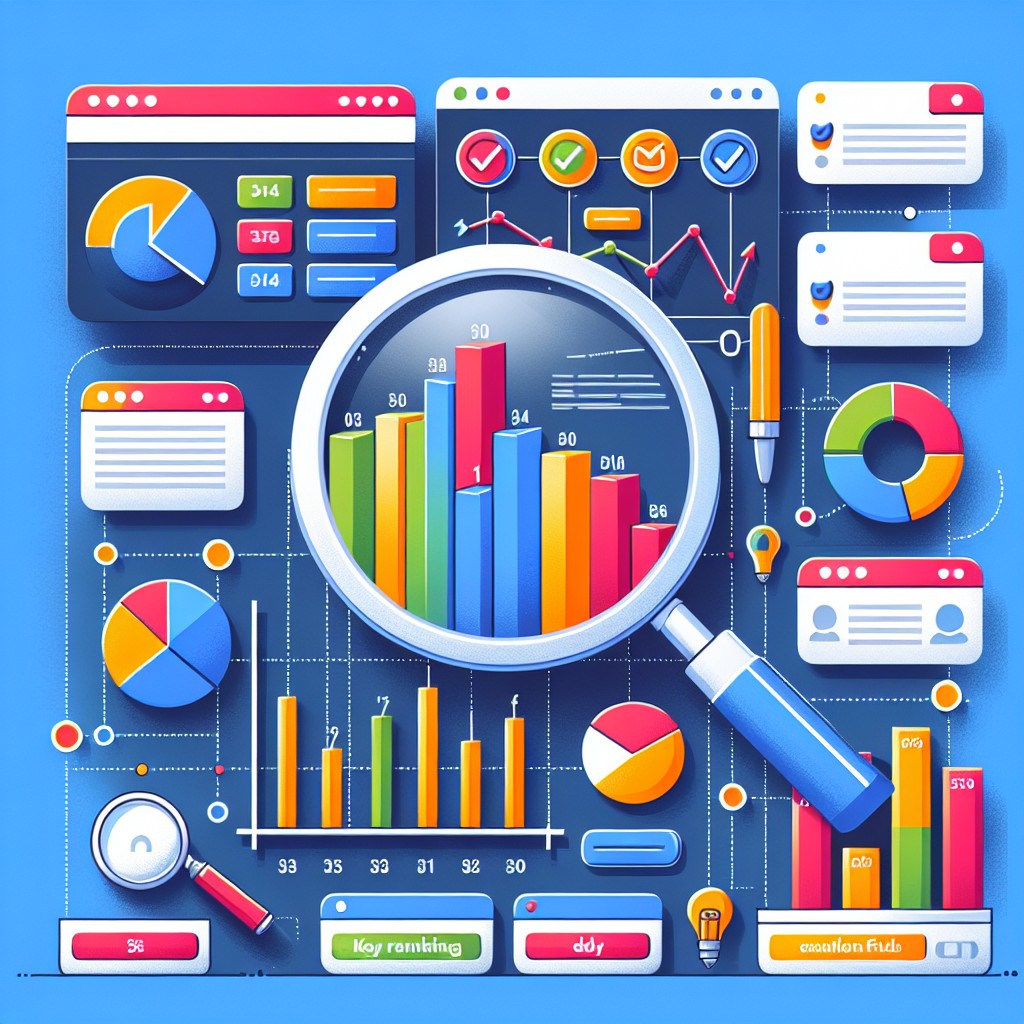 Illustration représentant une analyse SEO d'un site web avec des graphiques et des outils d'audit.