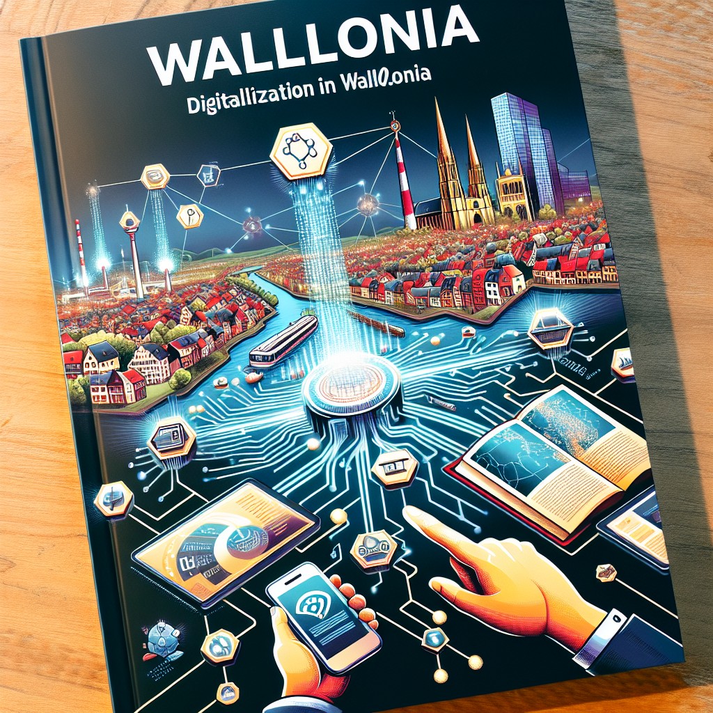 Image de couverture montrant des éléments technologiques symbolisant la digitalisation en Wallonie, comme des réseaux, des appareils connectés, et une carte de la région.