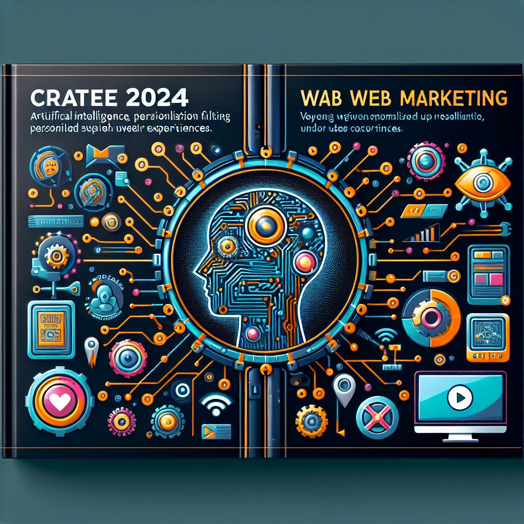 Couverture illustrant les tendances du webmarketing 2024 avec des éléments d'IA, personnalisation et contenu vidéo.