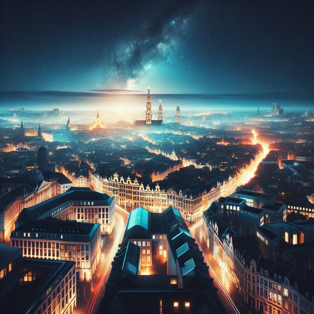 Vue panoramique de Bruxelles illuminée la nuit, reflétant son statut de ville smart.