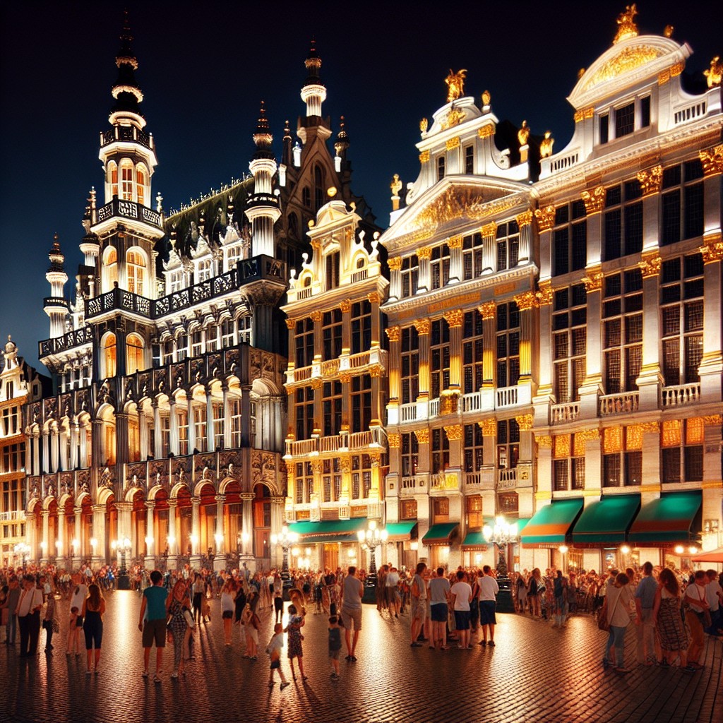 Vue nocturne de la Grand-Place de Bruxelles illuminée, attirant des visiteurs de tout horizon.