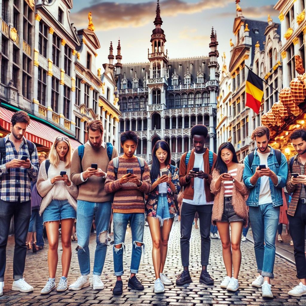 Image de couverture montrant des touristes utilisant des appareils mobiles dans les rues historiques de Bruxelles.