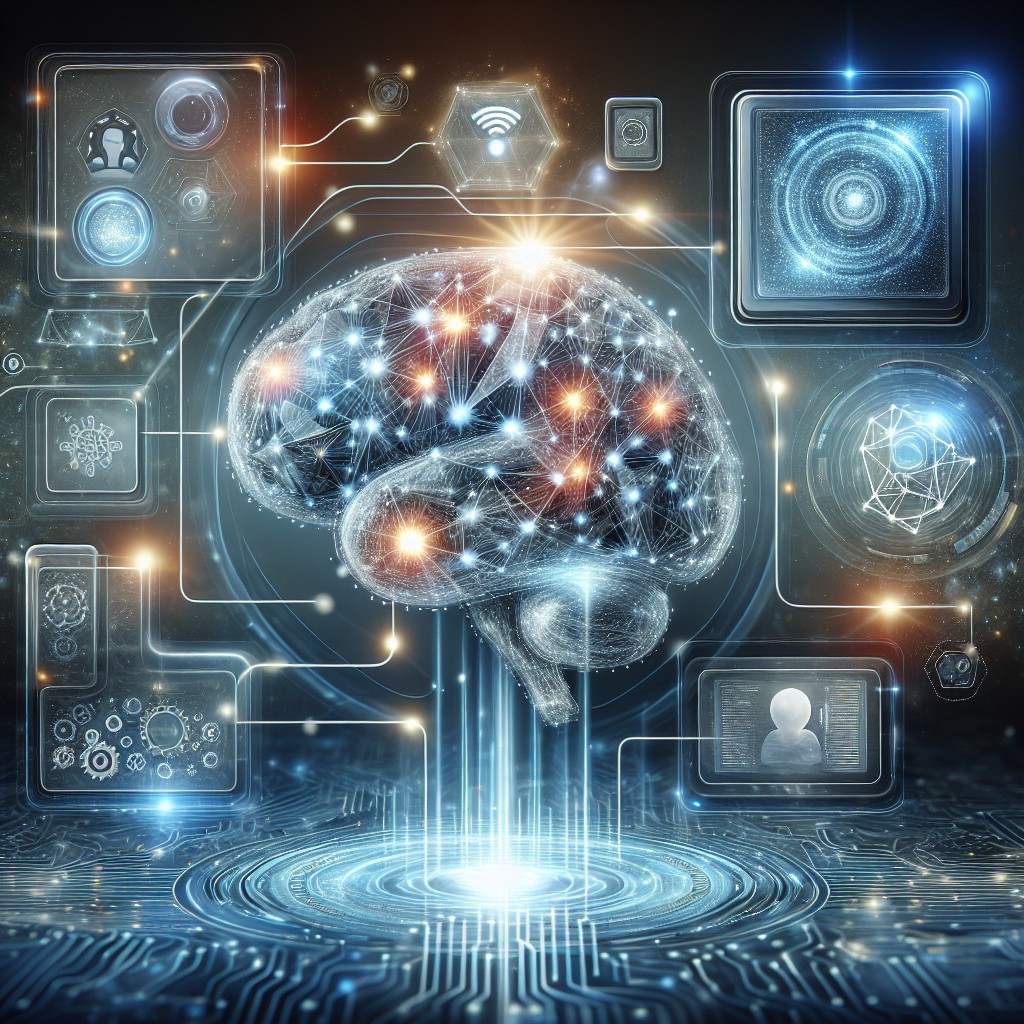 Image représentant la transformation digitale avec des éléments comme l'intelligence artificielle, des interfaces utilisateur modernes et des connexions réseaux.